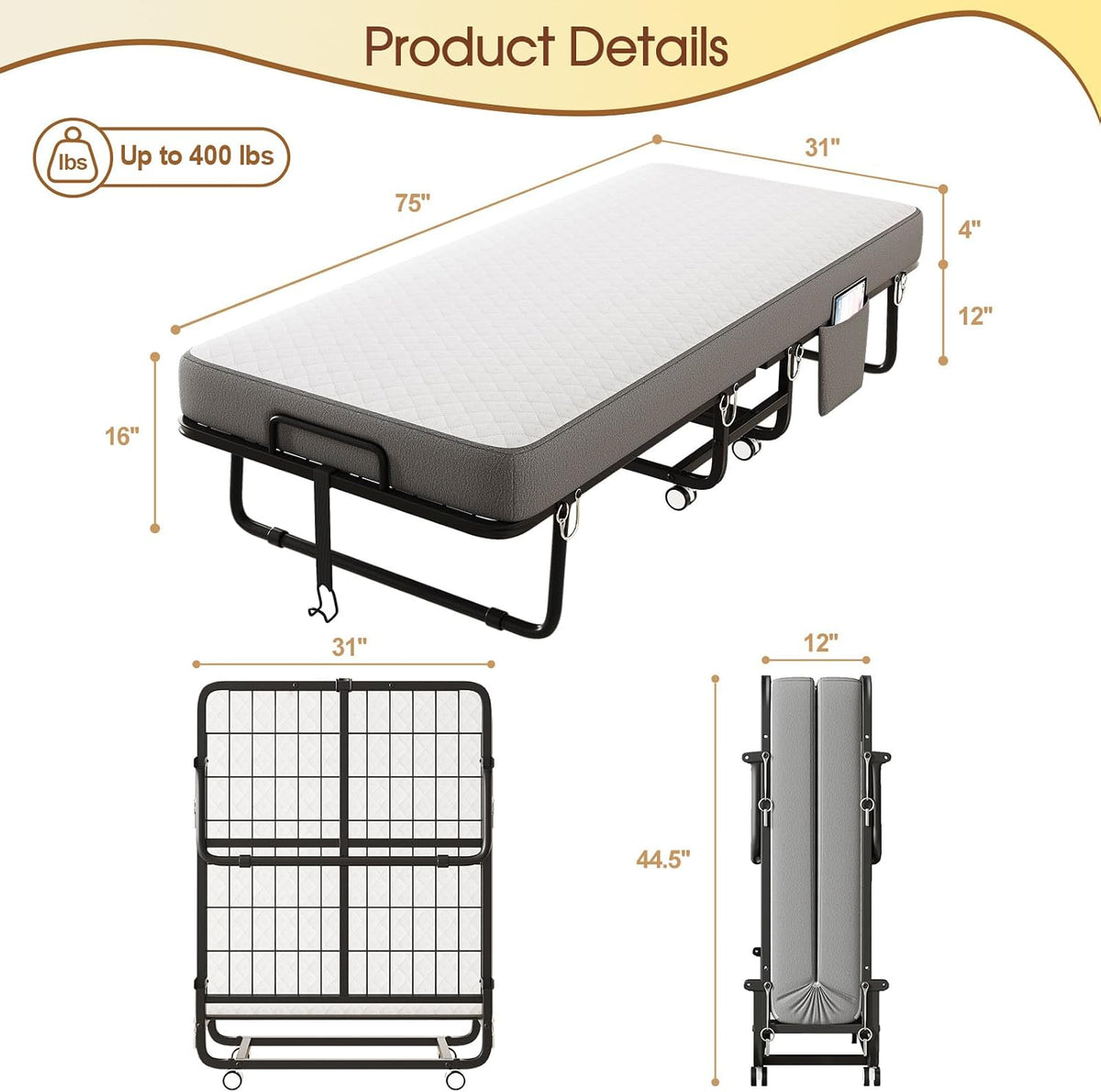 folding bed with mattress for adults, single size shown in use