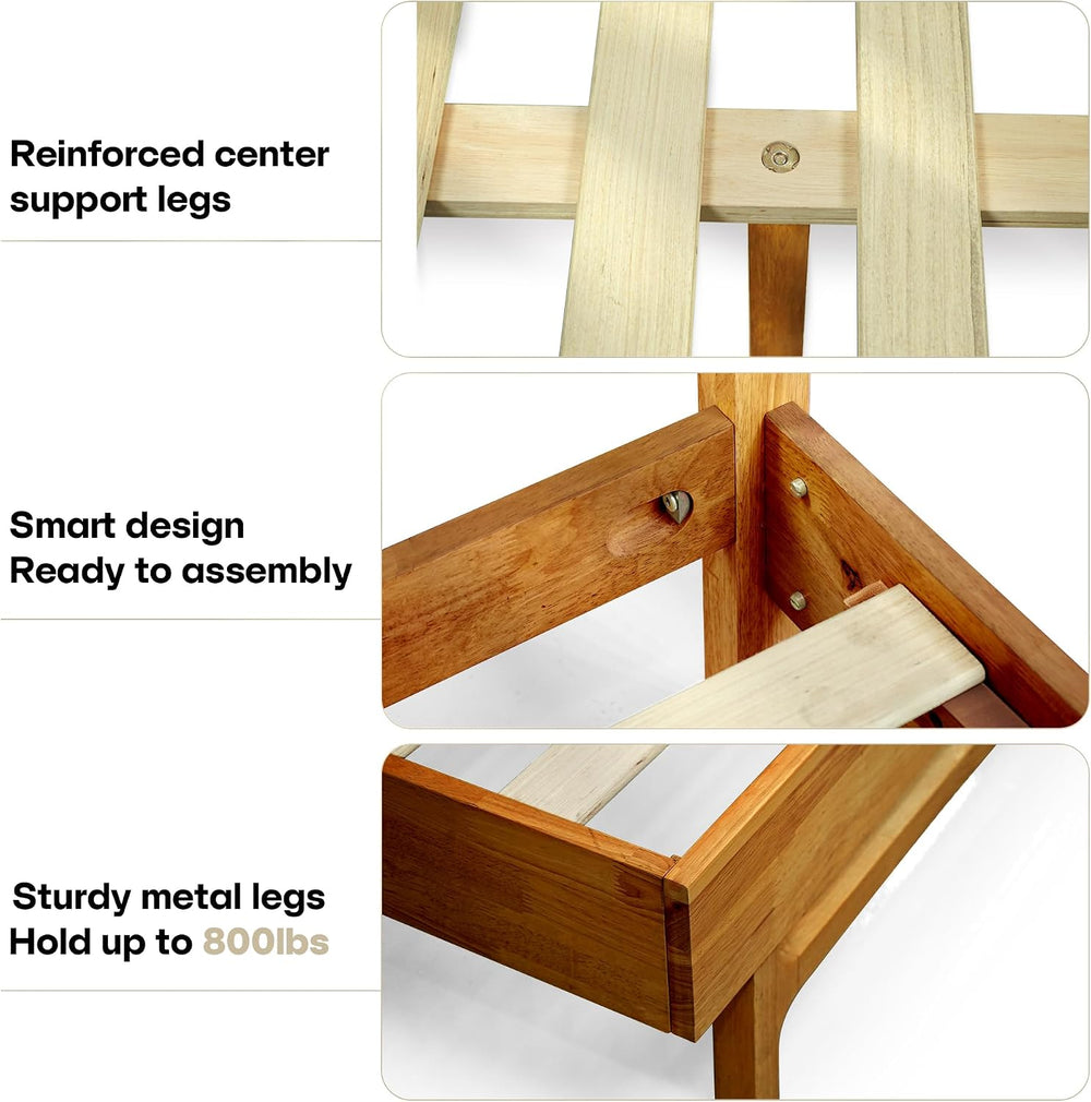 Acacia Elara Wood Bed Frame with CNC-Carved Headboard, Queen Size, Caramel