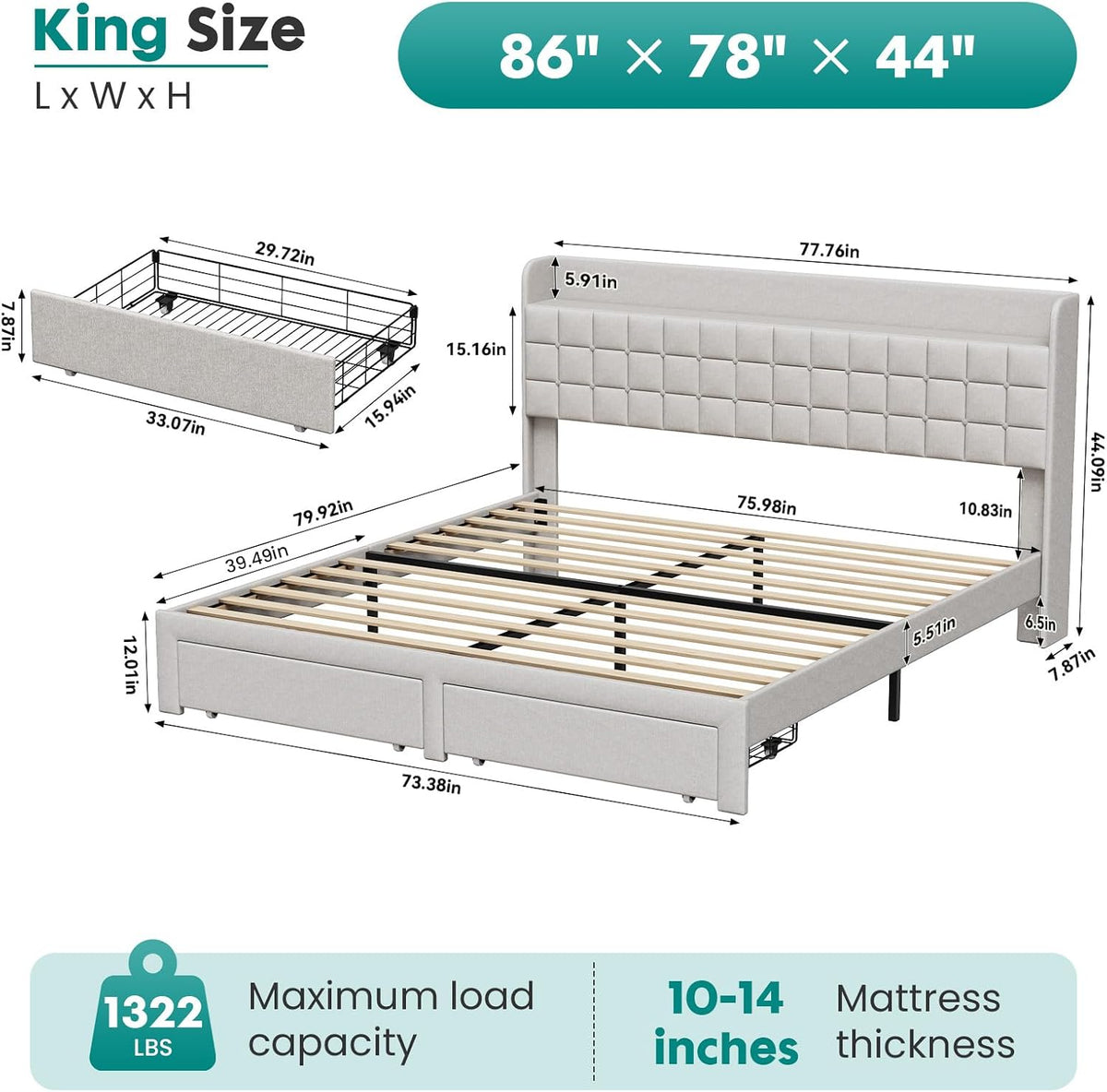 dumos king bed frame, upholstered platform bed frame shown in use