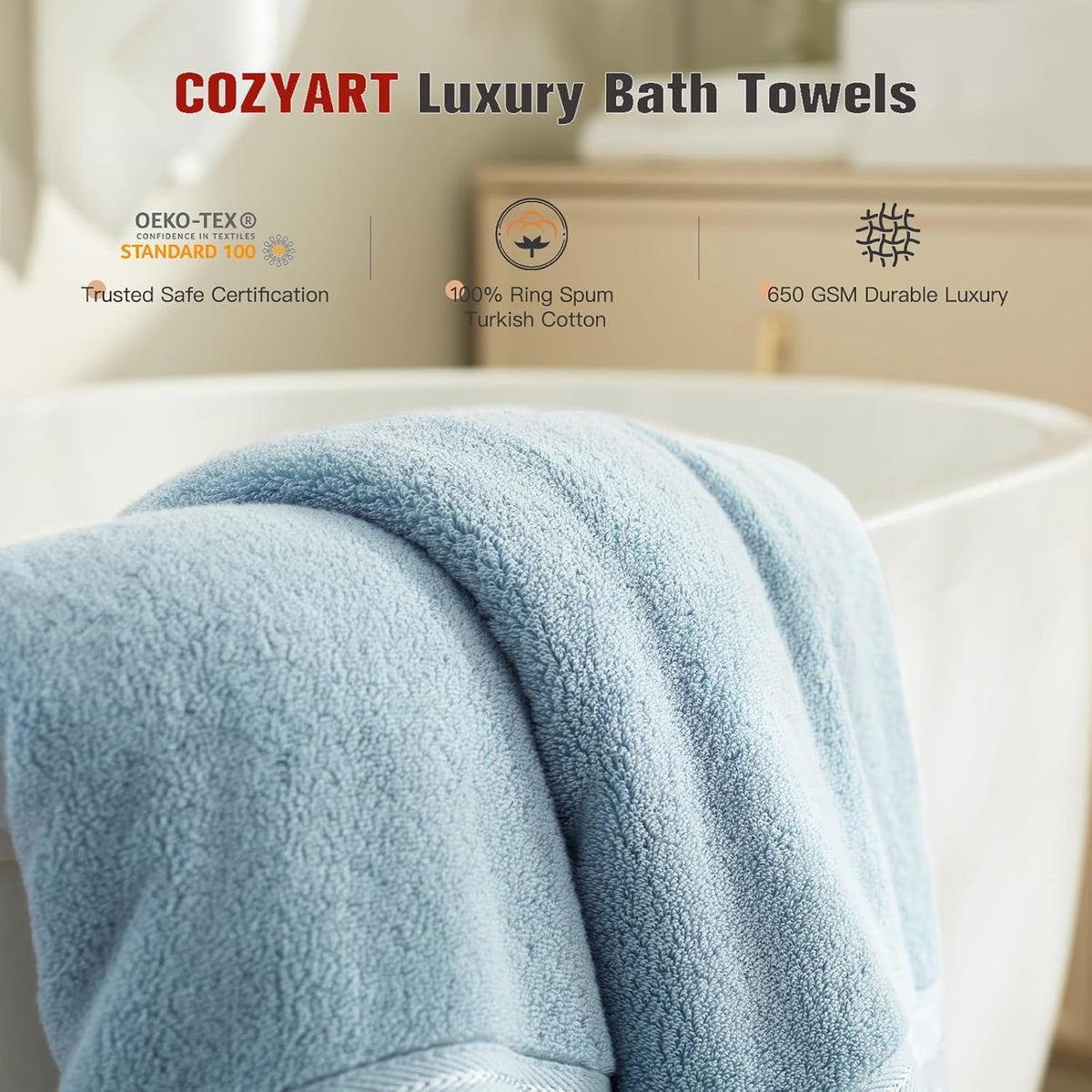 cozyart luxury bath towels 4 pcs, 27x54 650, side view