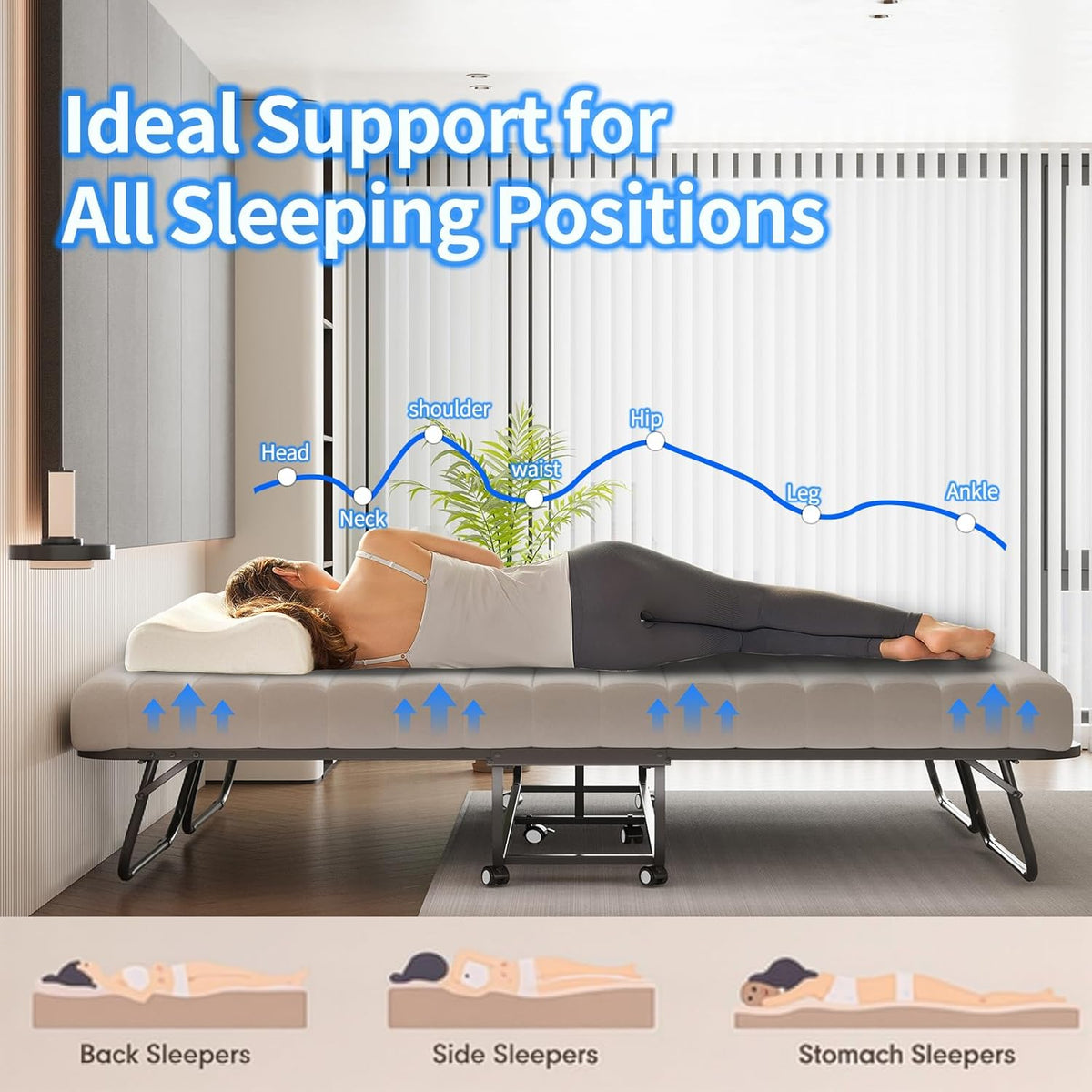 79"x59" folding bed with 5" memory mattress, queen, side view