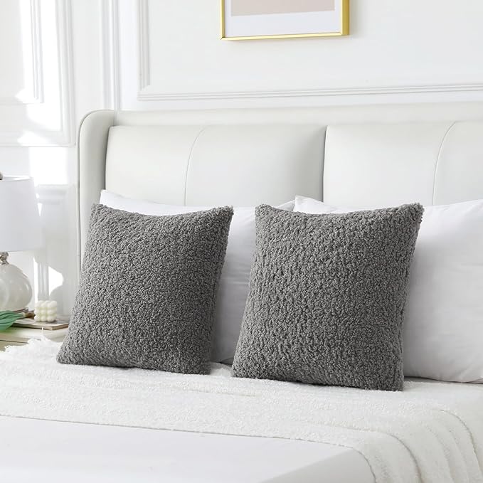 FUTEI Dark Grey Throw Pillow Covers 22x22 Inch Set of 2, Furry Faux Fur Teddy - Image 6