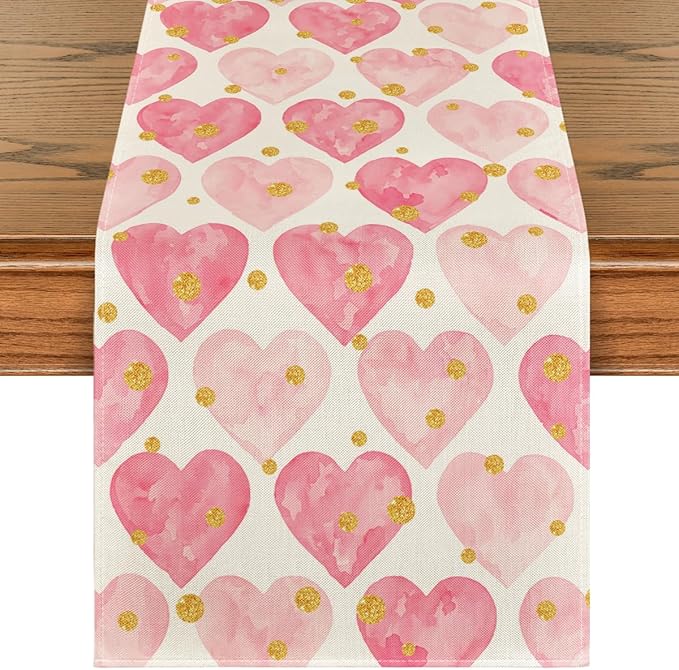 Artoid Mode Golden Pink Love Table Runner, Seasonal Anniversary Kitchen Dining by ArtoidMode