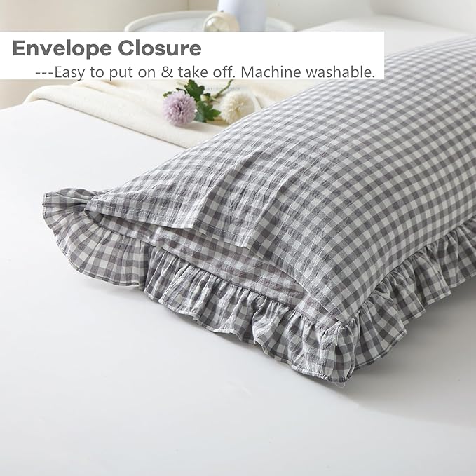 Grey White Plaid Ruffle Gingham Bedding Body Pillow Cover, 100% Washed Cotton - Image 5