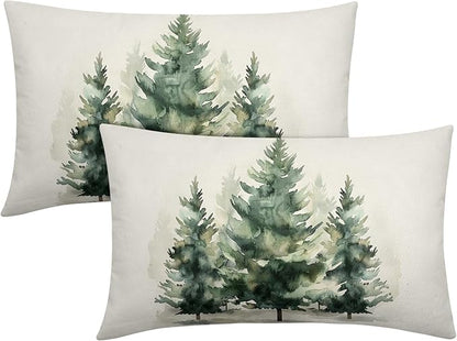 Watercolor Green Tree Throw Pillow Covers 20x12 Inch Set of 2 Green Christmas by Granbey