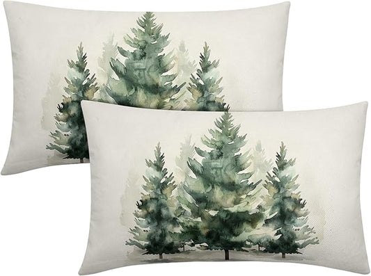 Watercolor Green Tree Throw Pillow Covers 20x12 Inch Set of 2 Green Christmas by Granbey