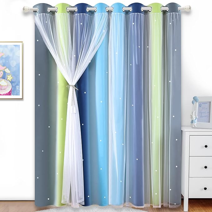 Kinryb Nursery/Kids/Girls Room Star Cut Out Blackout Rainbow Curtain - Image 2