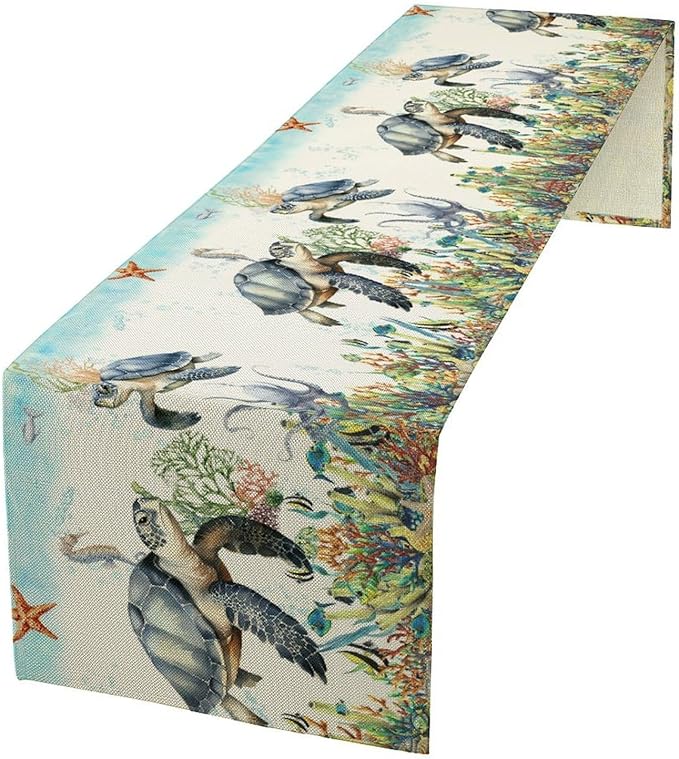 Ocean Animals Sea Turtle Table Runner Underwater Life Octopus Starfish Seaweed by Unknown