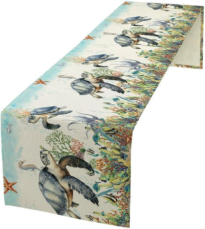 Ocean Animals Sea Turtle Table Runner Underwater Life Octopus Starfish Seaweed by Unknown