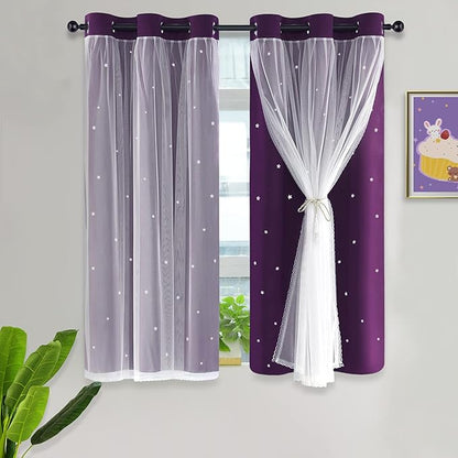 Kinryb Decorative Star Cut-Out Blackout Curtains Sheer Curtain Grommet 2 Layer - Image 2