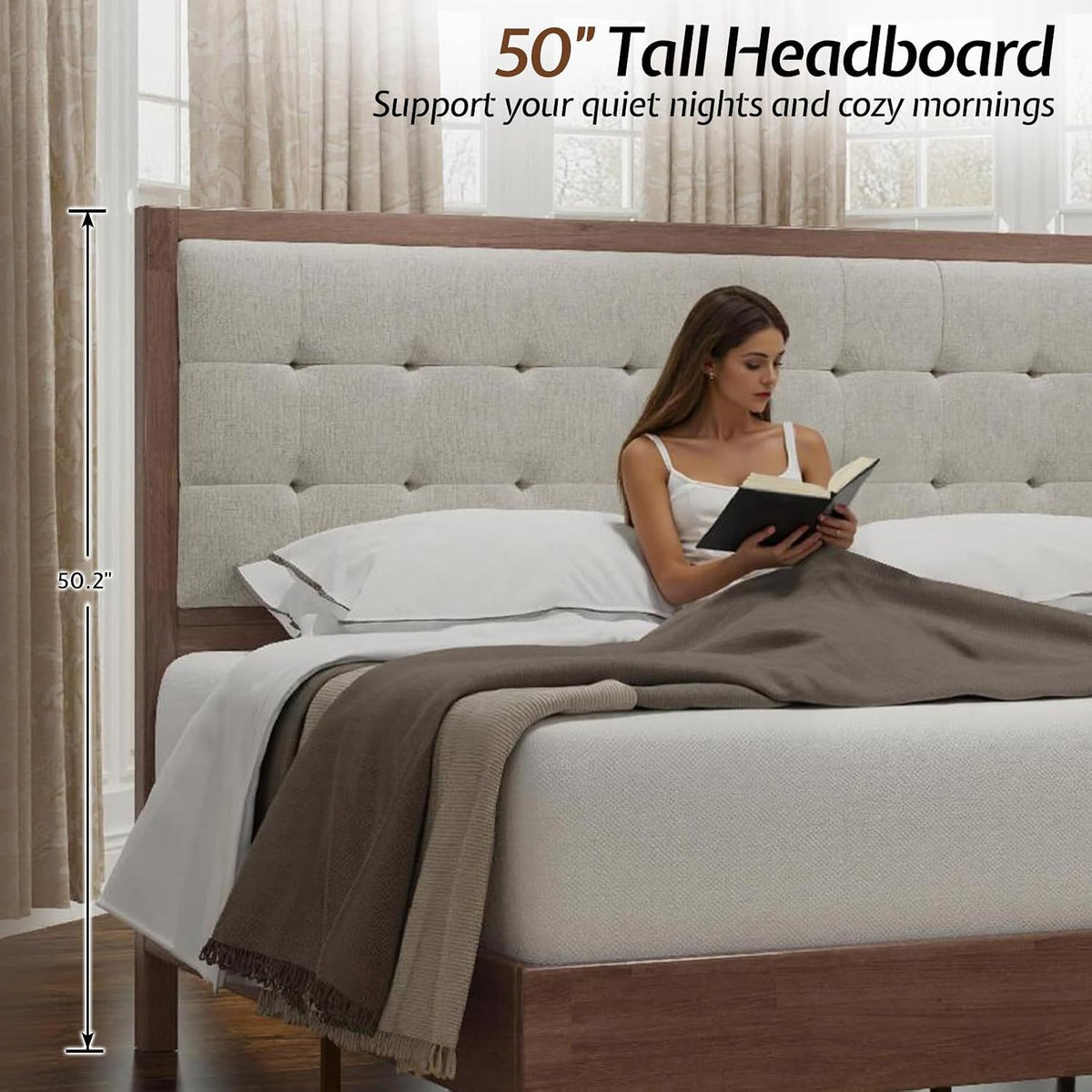 jocisland solid wood king bed frame, 50" tall, close-up detail