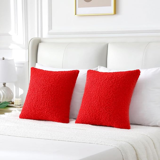 FUTEI Christmas Red Throw Pillow Covers 18x18 Inch Set of 2, Furry Faux Fur - Image 6