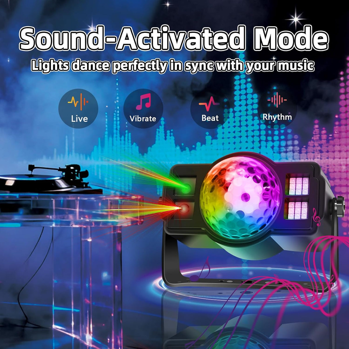 3-in-1 Disco Ball Party Lights, Sound Activated DJ Strobe Light with 60 Patterns, USB Powered Disco Light Projector for Room Decor, Glow Party Supplies, Birthday, Christmas, Halloween