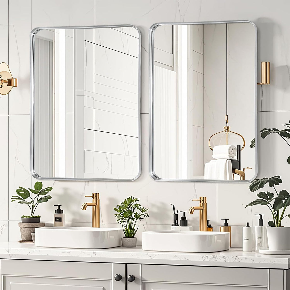 silver bathroom vanity mirror over sink 30x40, large, side view