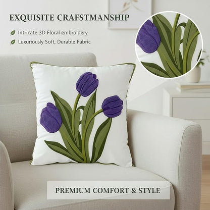 18x18 Embroidered Throw Pillow Cover – Purple Tulip Cotton Decorative Cushion - Image 4