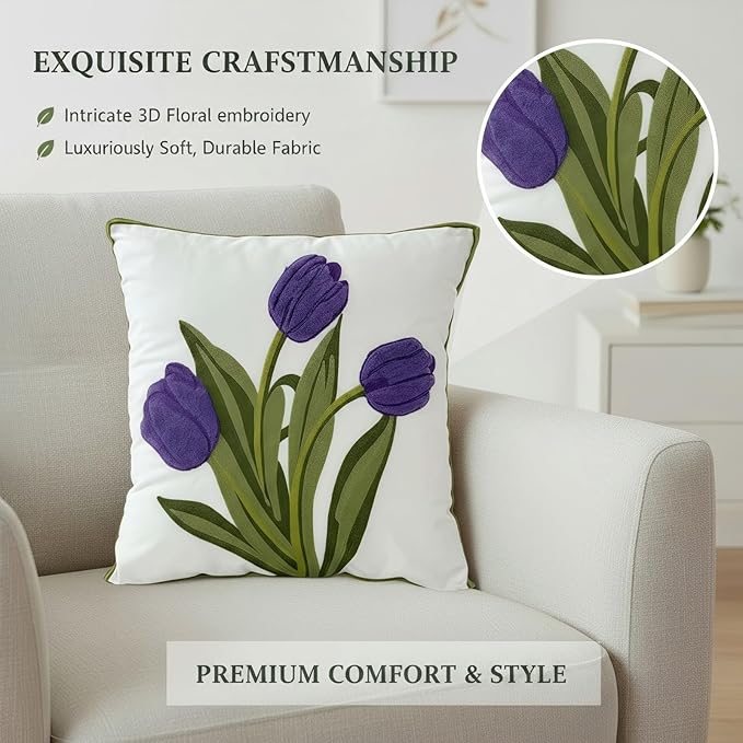 18x18 Embroidered Throw Pillow Covers Set – Purple Tulip Cotton Decorative - Image 4