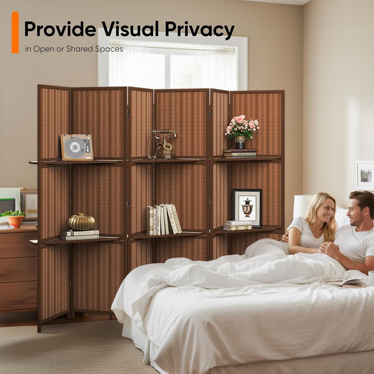jostyle bamboo room divider with shelves, 6-panel privacy on a desk or shelf