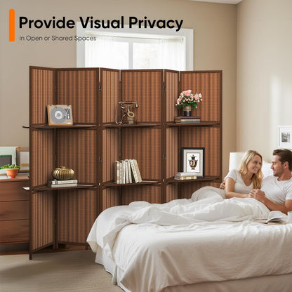 jostyle bamboo room divider with shelves, 6-panel privacy on a desk or shelf