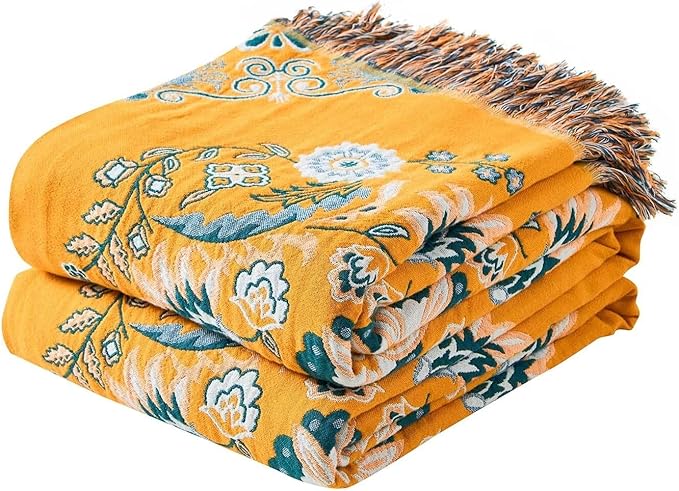 Boho Throw Blanket, 100% Cotton Ultra Soft Luxury Throw Rustic Quilt, Floral by XIBLC