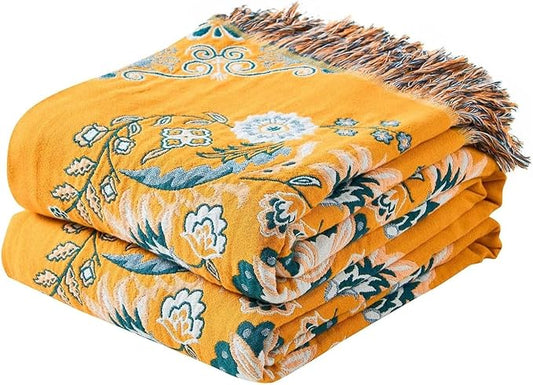 Boho Throw Blanket, 100% Cotton Ultra Soft Luxury Throw Rustic Quilt, Floral by XIBLC
