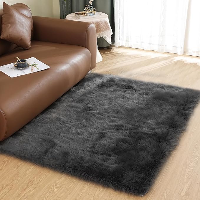 Latepis Dark Grey Fur 3x5 Area Shaggy Bedside Faux Sheepskin Rug - Image 2