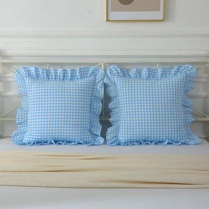2 Pack Vintage Sky Blue Plaid Ruffle Throw Pillow Covers, Washed Cotton - Image 8