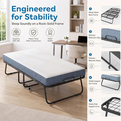 mjkone folding bed, 75" x 31" rollaway bed, close-up detail