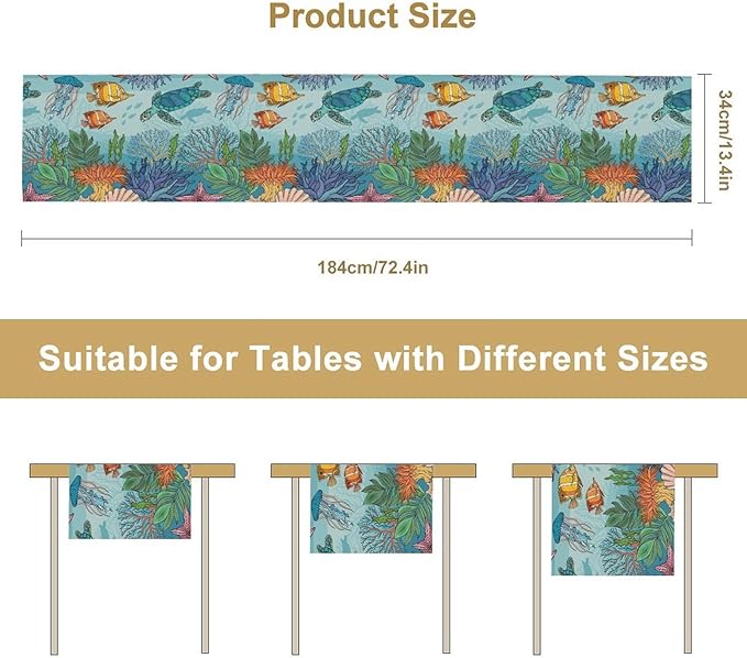 Coastal Table Runner, Ocean Nautical Coral Starfish Seashell Sea Turtle Table - Image 5