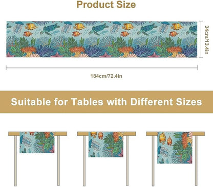 Coastal Table Runner, Ocean Nautical Coral Starfish Seashell Sea Turtle Table - Image 5