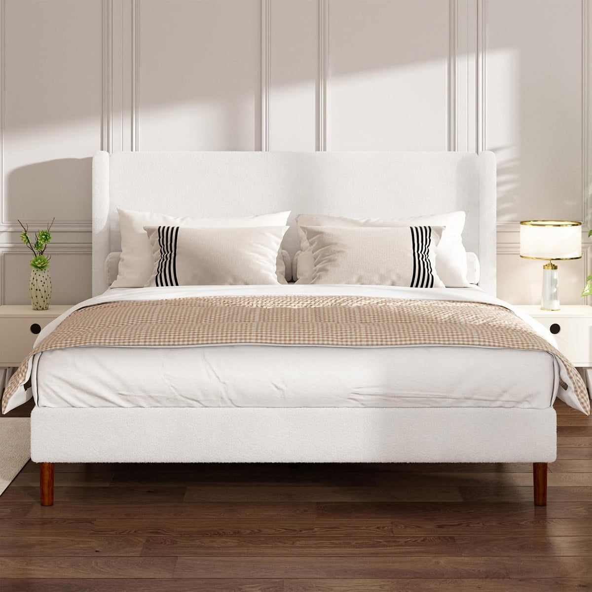 king bed frame, boucle upholstered platform bed with, main product view