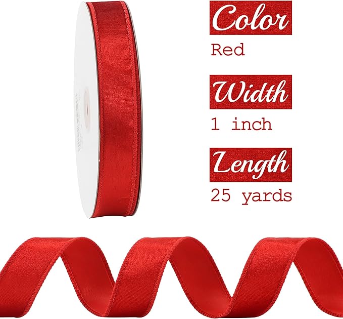 MEEDEE 1 inch Red Velvet Ribbon 25 Yards Crushed Velvet Ribbon Wired - Image 2