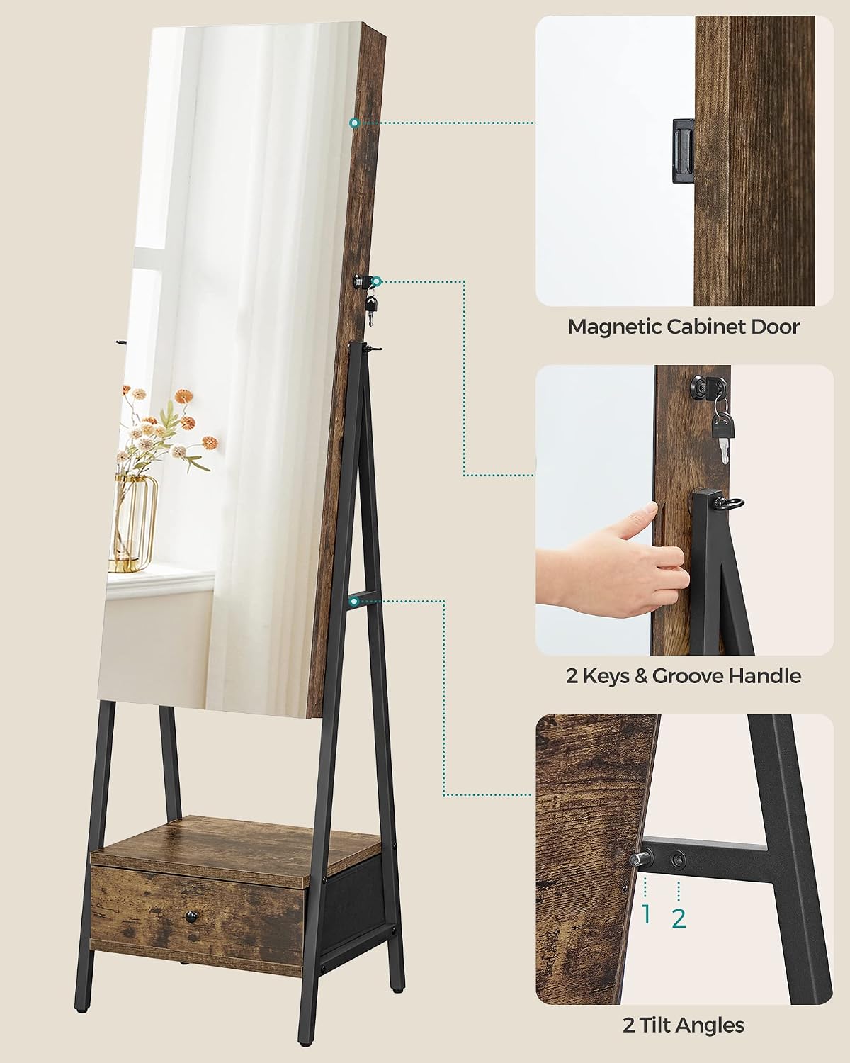 songmics led mirror jewelry cabinet armoire, freestanding lockable, front angle view