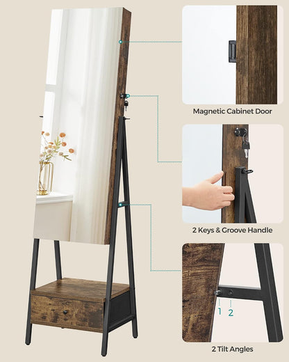 songmics led mirror jewelry cabinet armoire, freestanding lockable, front angle view