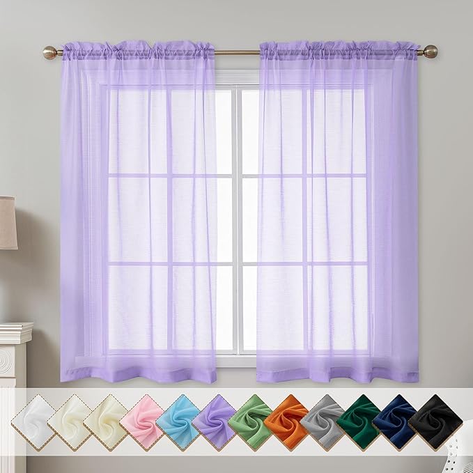 Purple Sheer Curtains 54 Inch Length, Privacy Semi Sheer Curtains by ABLUEN