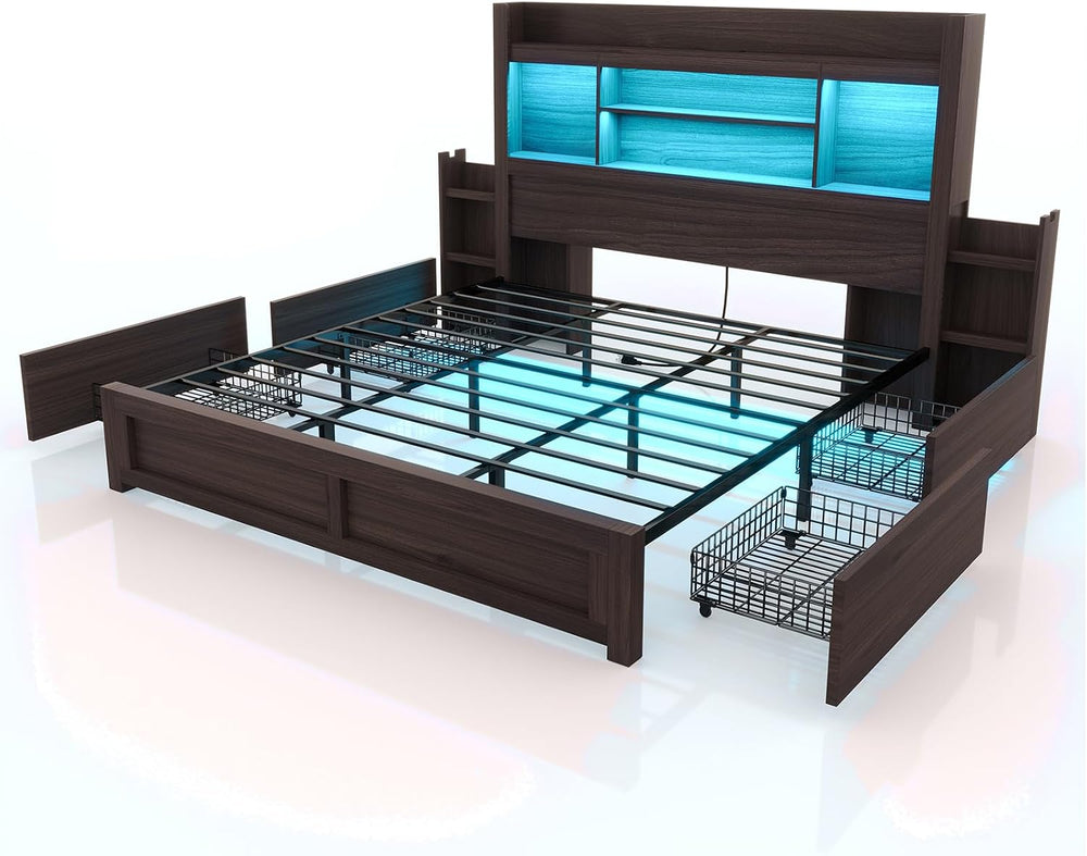 King Size Bed Frame with Bookcase Headboard & Storage, Black