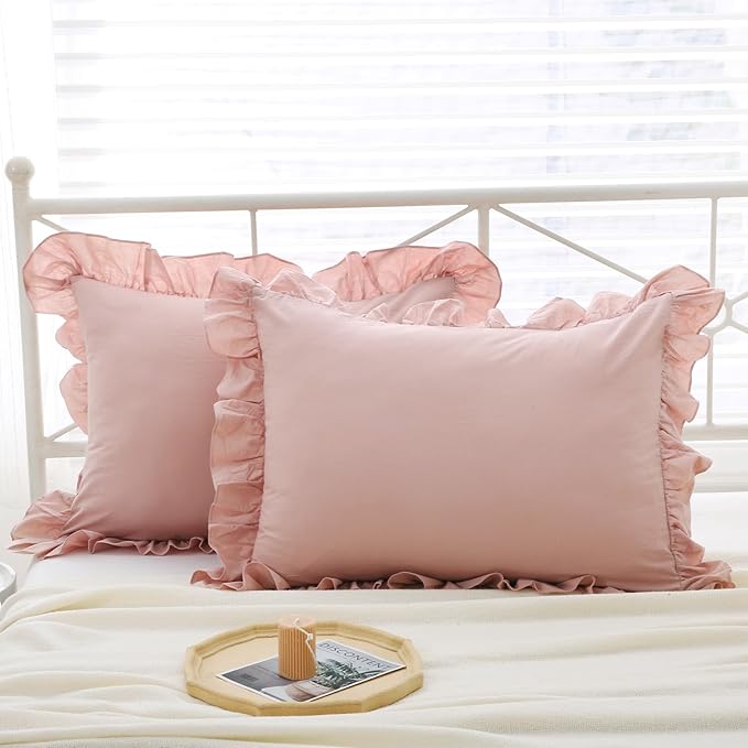Ruffle Pillowcases Farmhouse Pillow Shams Standard Set of 2, Shabby Dusty Pink by Mywinlle