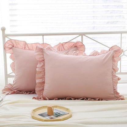 Ruffle Pillowcases Farmhouse Pillow Shams Standard Set of 2, Shabby Dusty Pink by Mywinlle