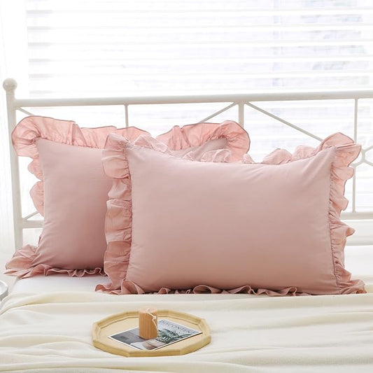 Ruffle Pillowcases Farmhouse Pillow Shams Standard Set of 2, Shabby Dusty Pink by Mywinlle