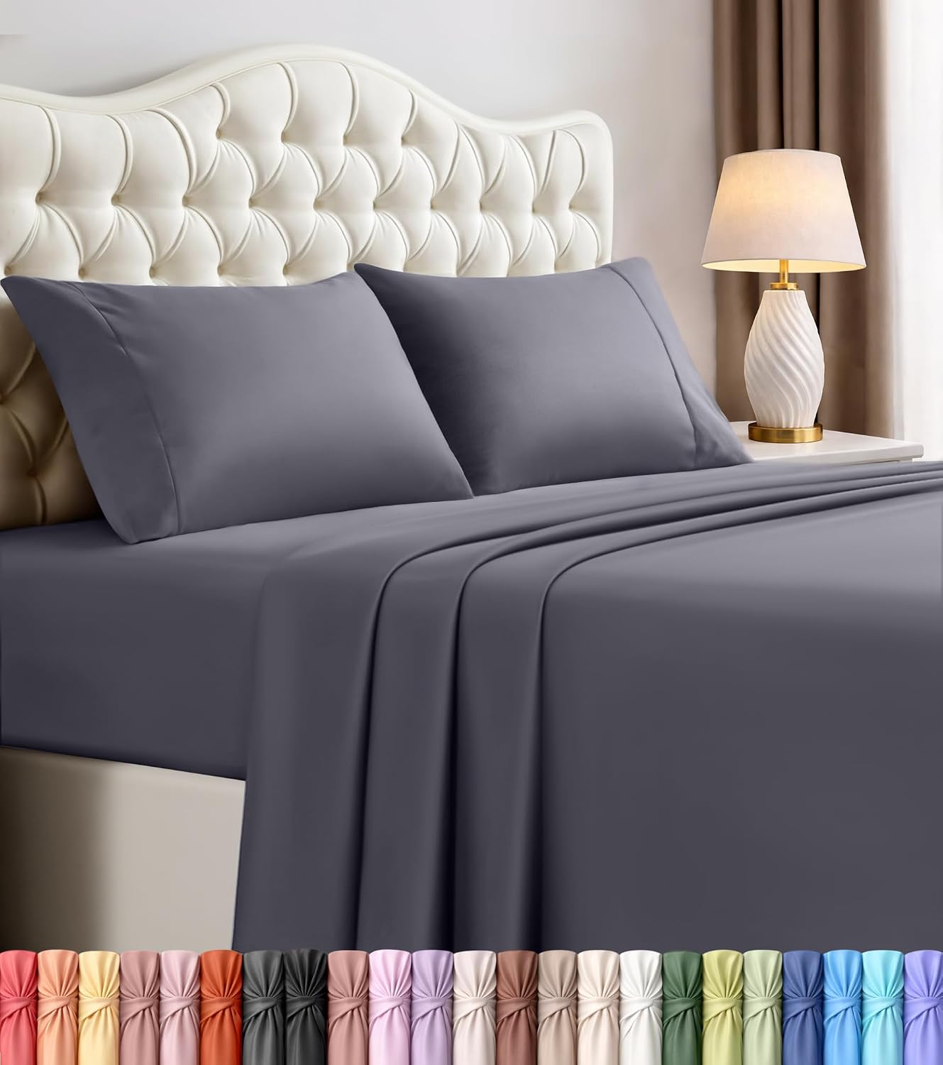 Queen Size Sheet Set – 4 Piece Bed Sheets, Soft and Breathable Microfiber, Includes 1 Fitted Sheet, 1 Flat Sheet and 2 Pillowcases – Oeko Tex (Grey)