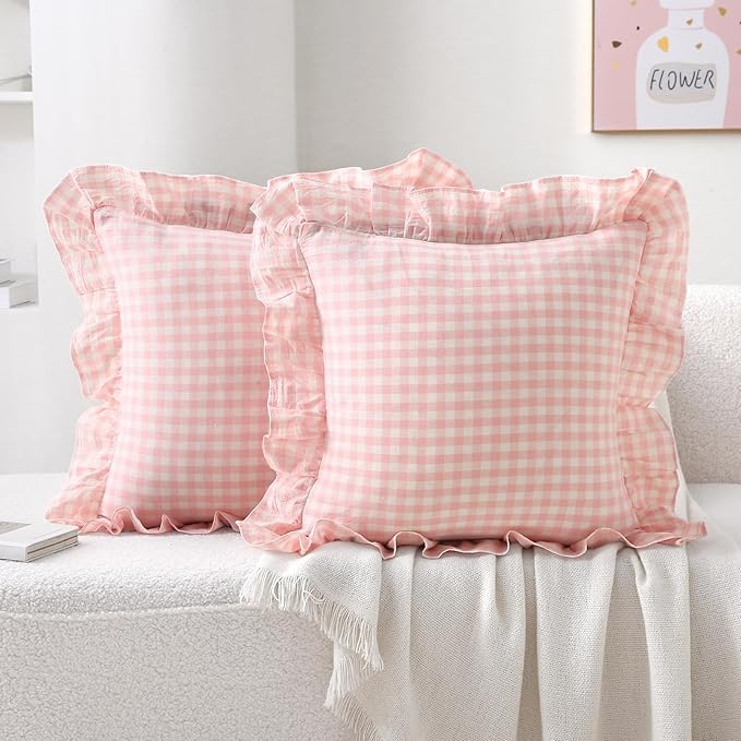 2 Pack Blush White Plaid Ruffle Gingham Throw Pillow Covers, 100% Washed Cotton by KMASANIJI