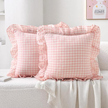 2 Pack Blush White Plaid Ruffle Gingham Throw Pillow Covers, 100% Washed Cotton by KMASANIJI