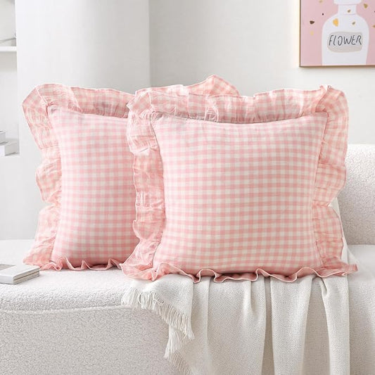 2 Pack Blush White Plaid Ruffle Gingham Throw Pillow Covers, 100% Washed Cotton by KMASANIJI
