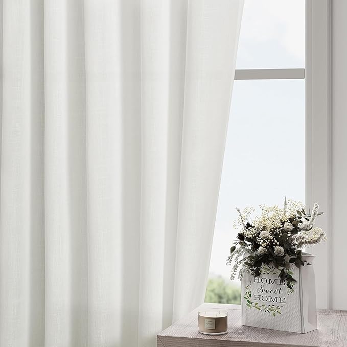 Off White Linen Curtains 96 Inches Long 2 Panels Set Back Tab Rod Pocket Semi - Image 2