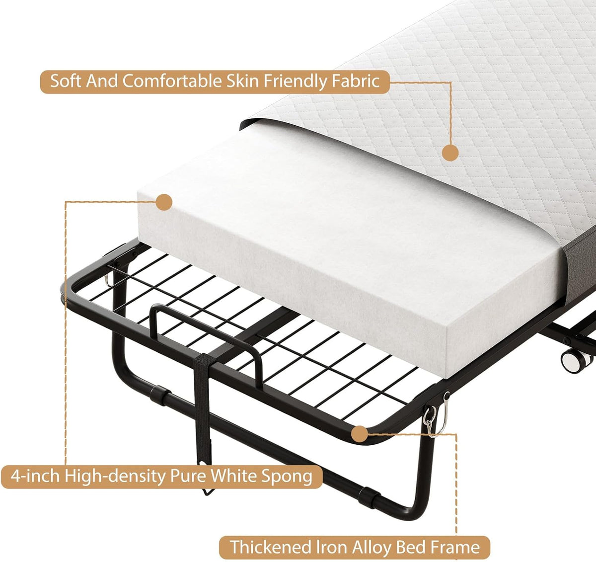 folding bed with mattress for adults, single size, package contents