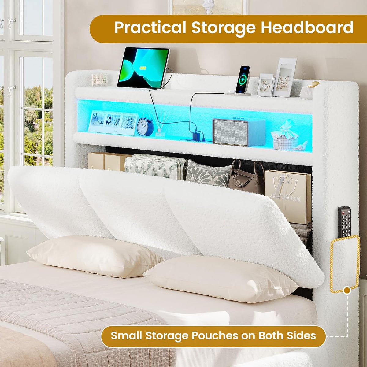 viagdo twin bed frames with storage headboard and, close-up detail