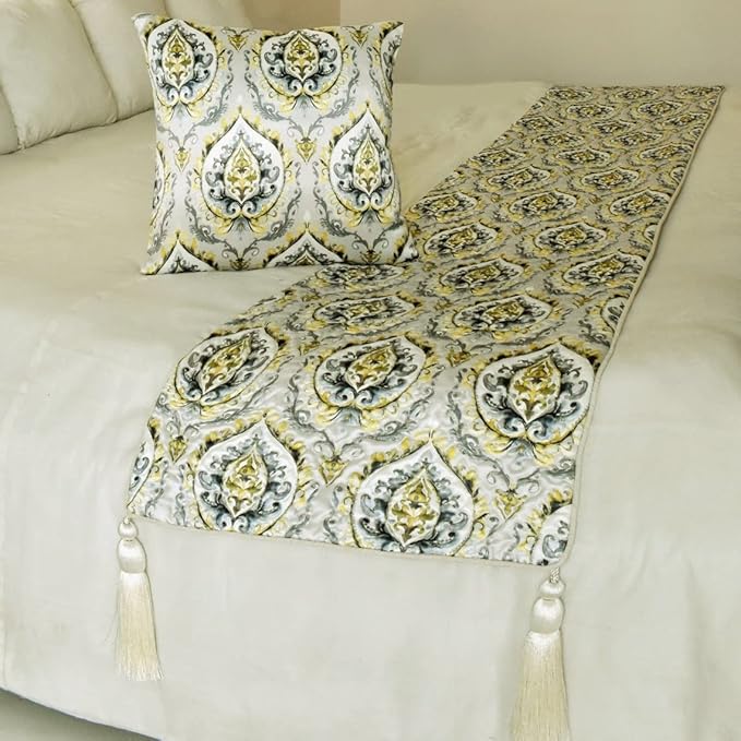 The HomeCentric King/Queen/Twin Grey & Yellow Designer King 90"x18" Bed Runner by TheHomeCentric