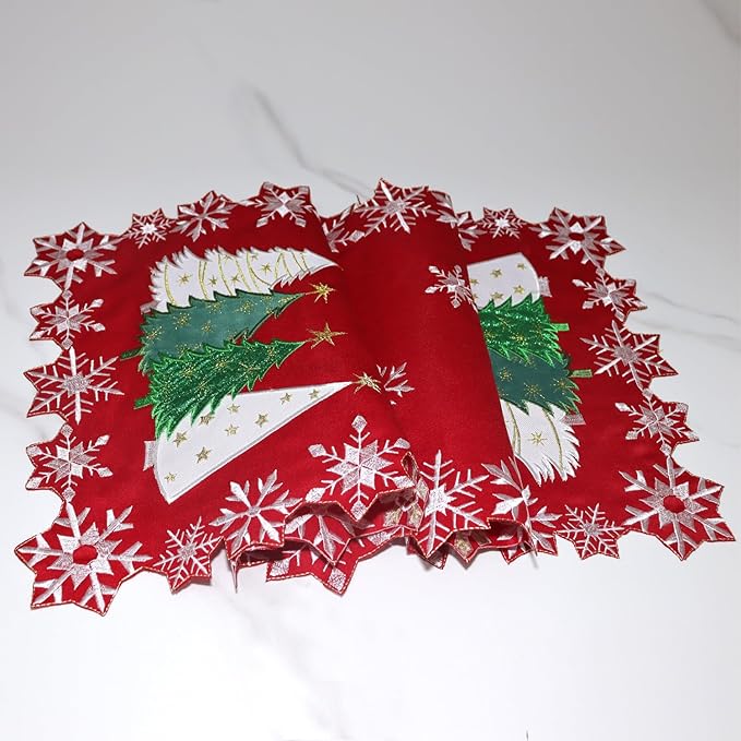 Christmas Tree Table Runner Embroidered Xmas Red White Snowflakes Runners Snow - Image 4