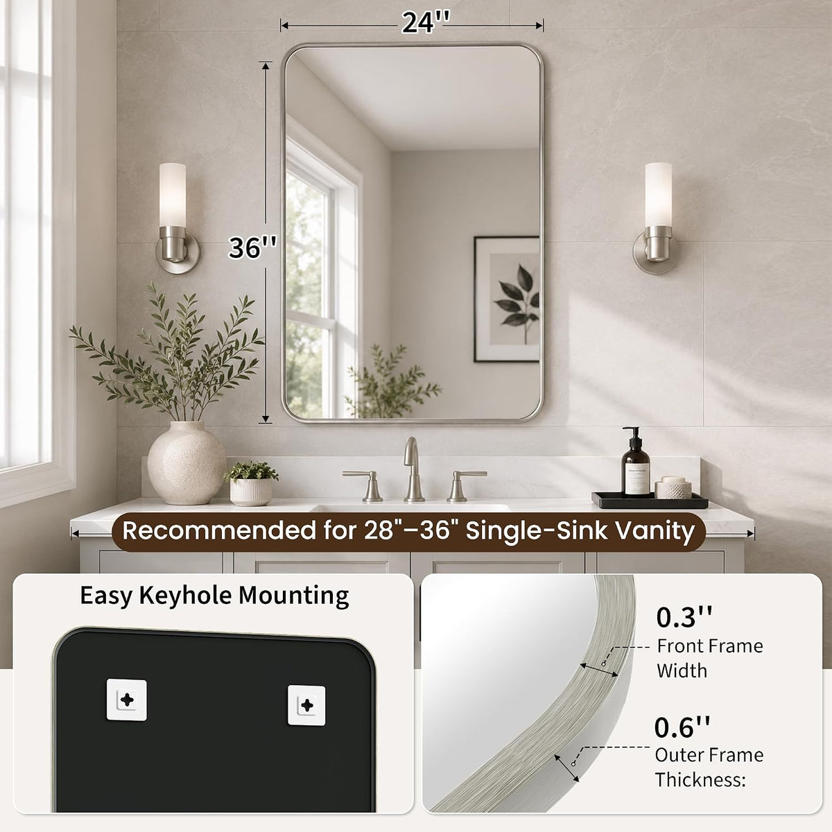 24x36 inch brushed nickel rounded rectangle bathroom vanity shown in use