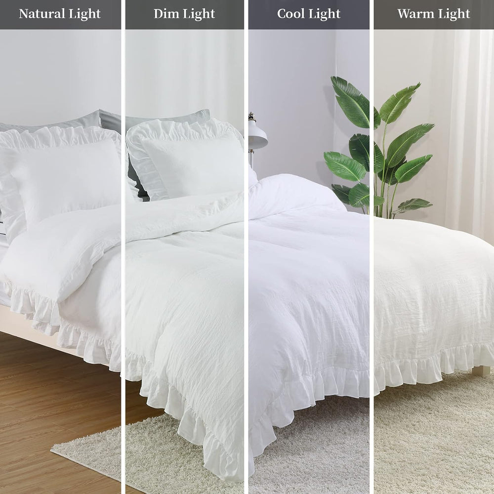 CAROMIO White Ruffle Duvet Cover Queen Size, 3PCS Soft Washed Microfiber Vint...