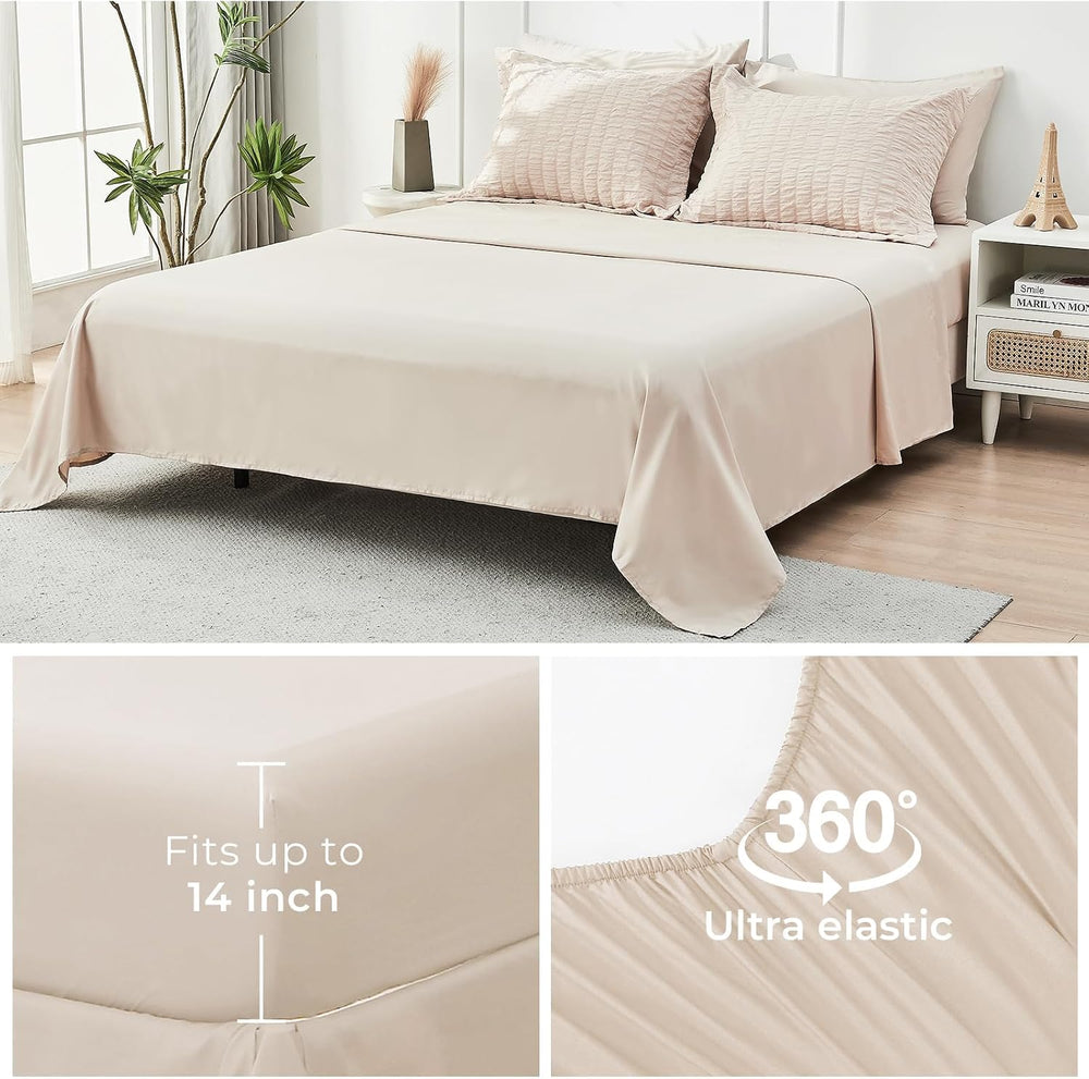 Queen Comforter Set - 7PCS Bed in a Bag, Seersucker Bedding Set, Beige